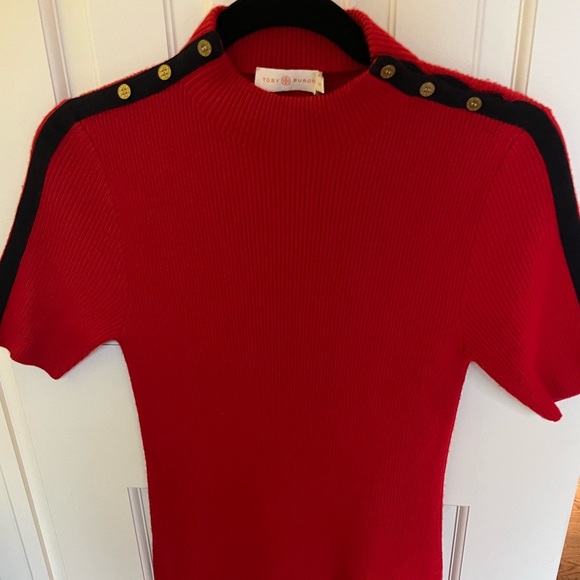 Tory Burch Red Sweater Dress with contrast Navy shoulder trim with Gold Buttons - Picture 2 of 7